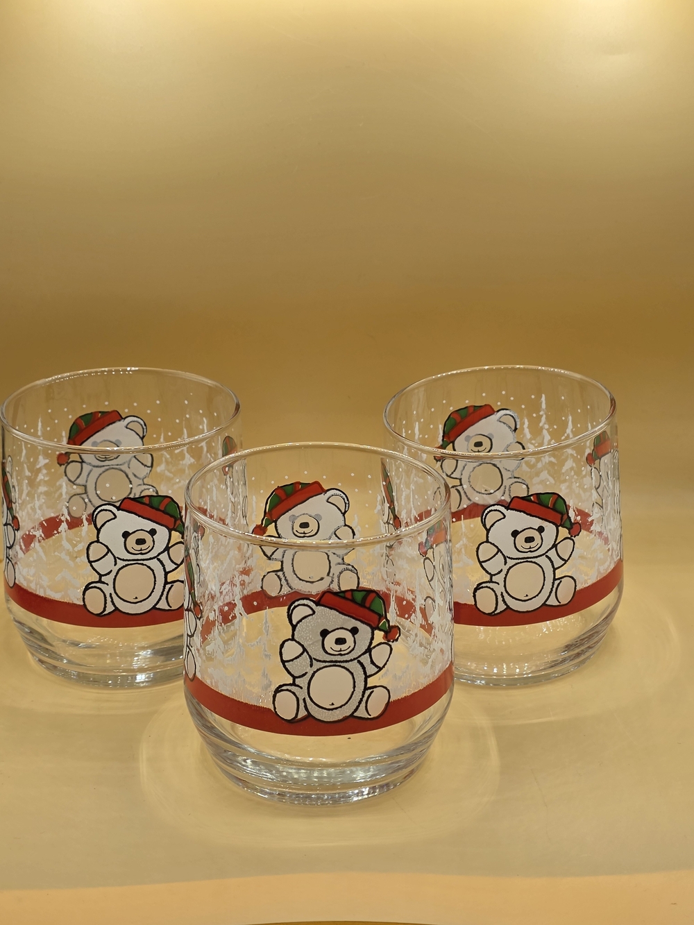 Set of 3 Festive Teddy Bear Holiday Drinking Glasses - Red & Green Accents
